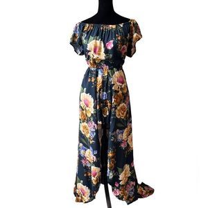 Iris navy floral SZ L scoop neck boho shorts romper maxi dress